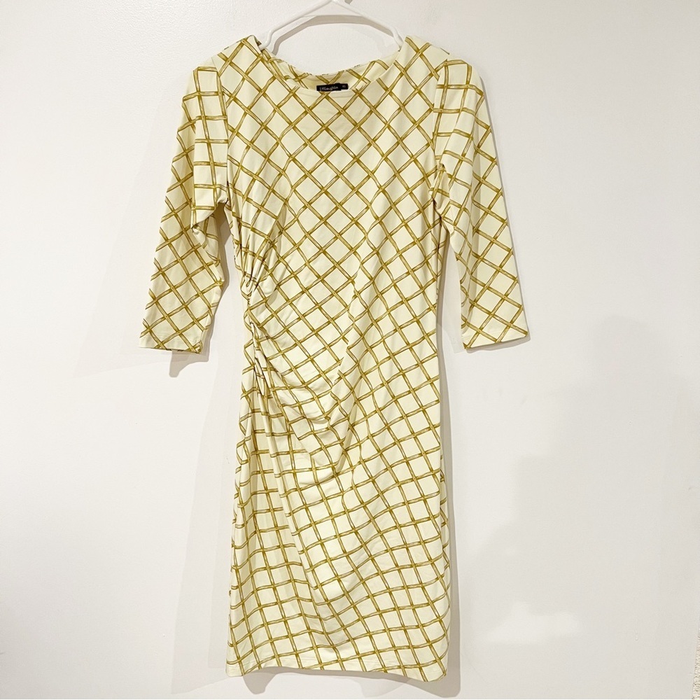 J. McLaughlin Bamboo Printed Boatneck Catalina Cloth Ruched Asymmetrical Dress